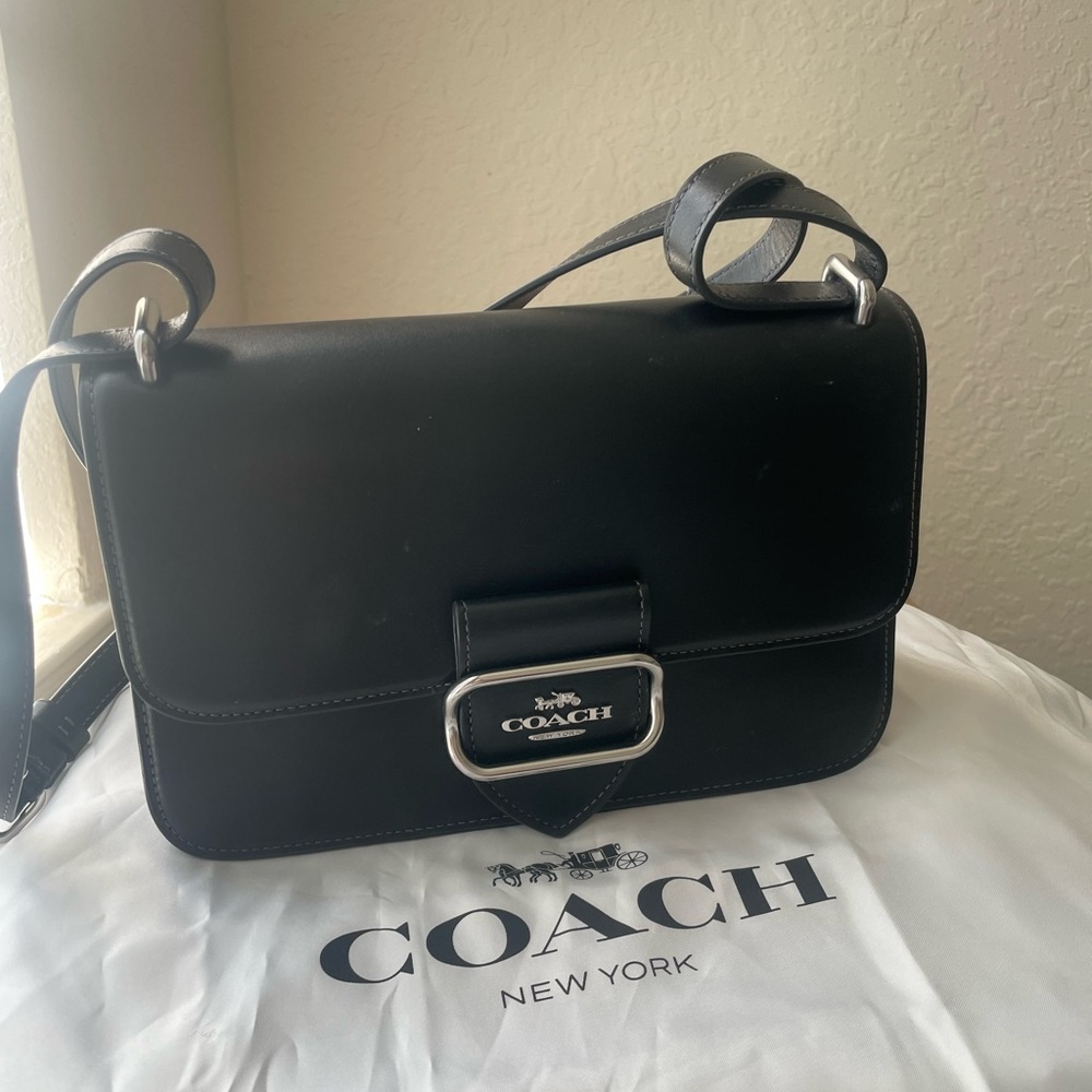 Coach Black Leather Crossbody Bag with Silver Plaque